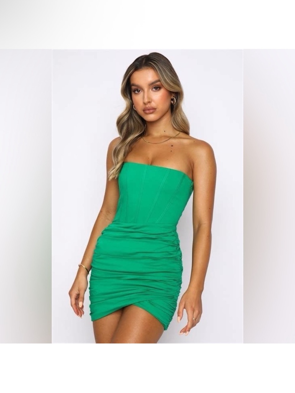 WHITE FOX Strapless Ruched Mini Dress in Bright Green